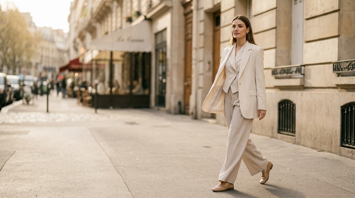 Femme en tailleur crème marchant dans une rue parisienne ensoleillée