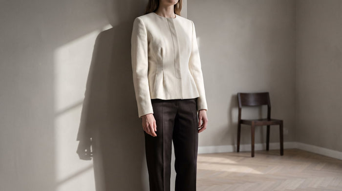 Veste de tailleur ivoire cintrée à la taille portée sur un pantalon droit brun foncé, contre un mur grège.