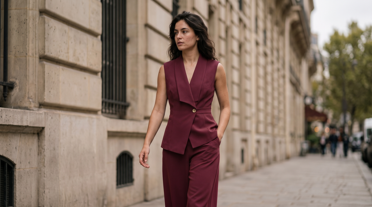 Ensemble gilet albane bordeaux porté en situation