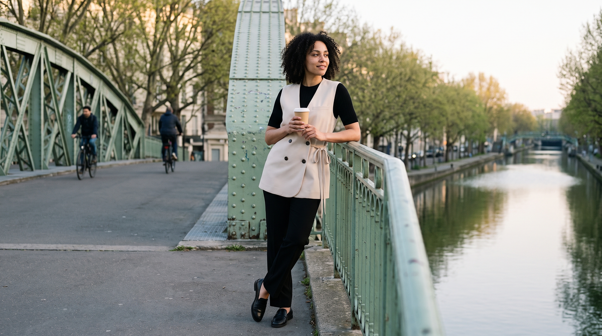 Gilet tailleur Arielle écru porté en situation, vue ordinateur - Lonamy