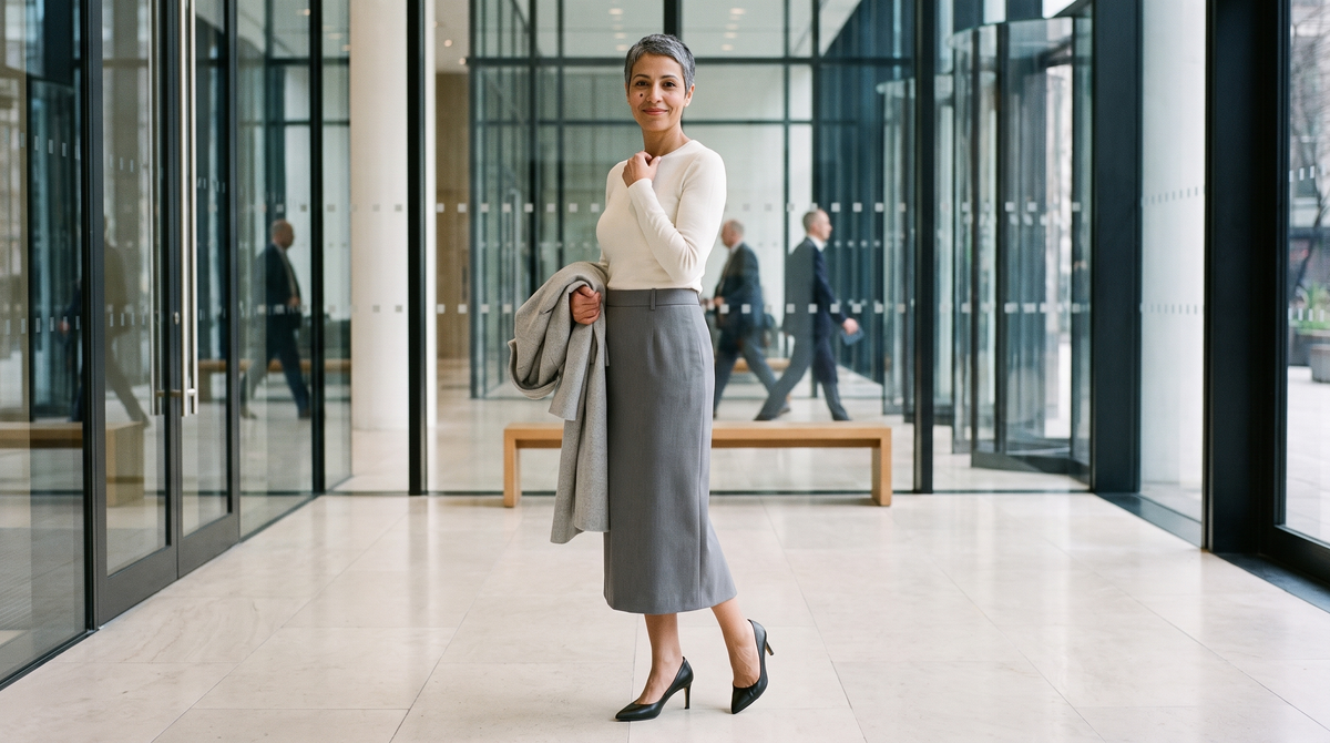 Jupe midi tailleur Astrid grise portée dans un hall de bureau vitré - Lonamy