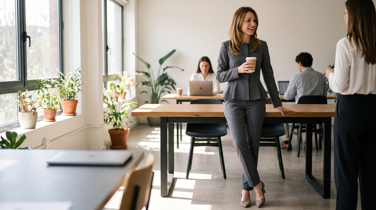 Ensemble tailleur pantalon femme Aurélia gris porté en situation dans un espace de coworking - Lonamy