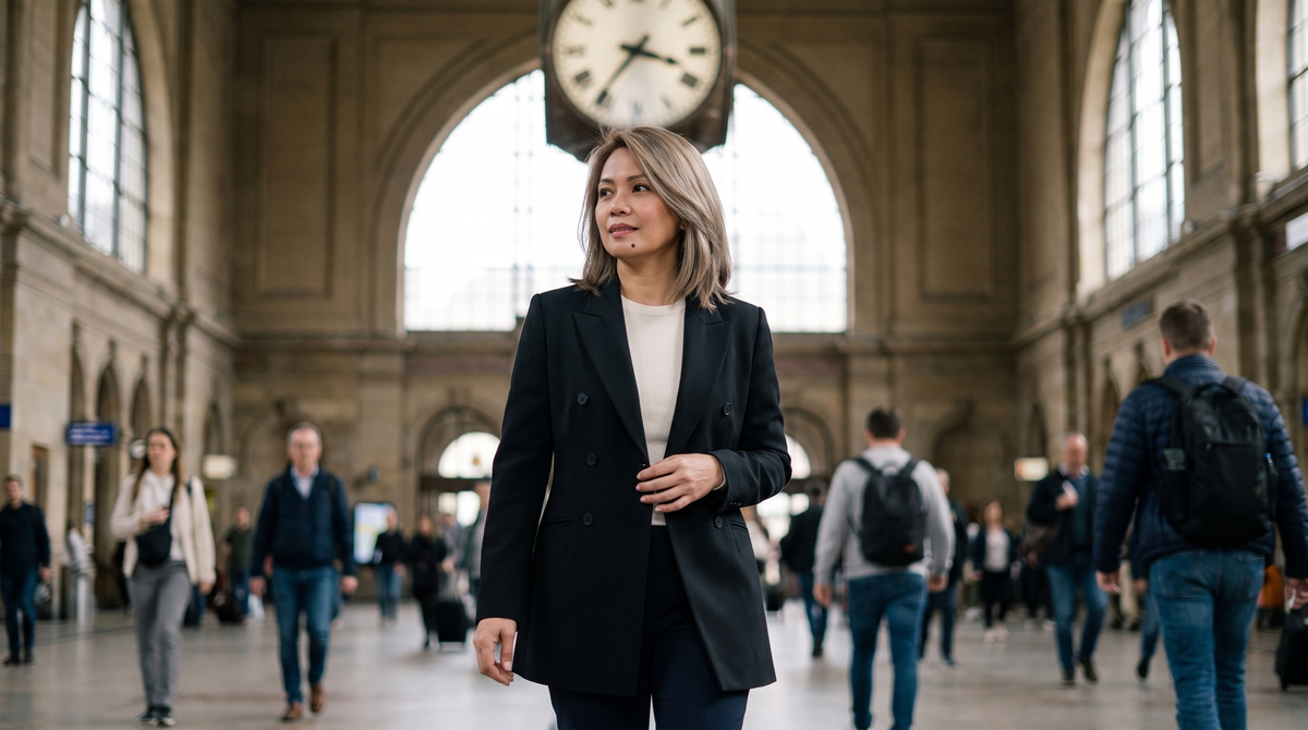 Blazer croisé long noir alienor, photo en situation