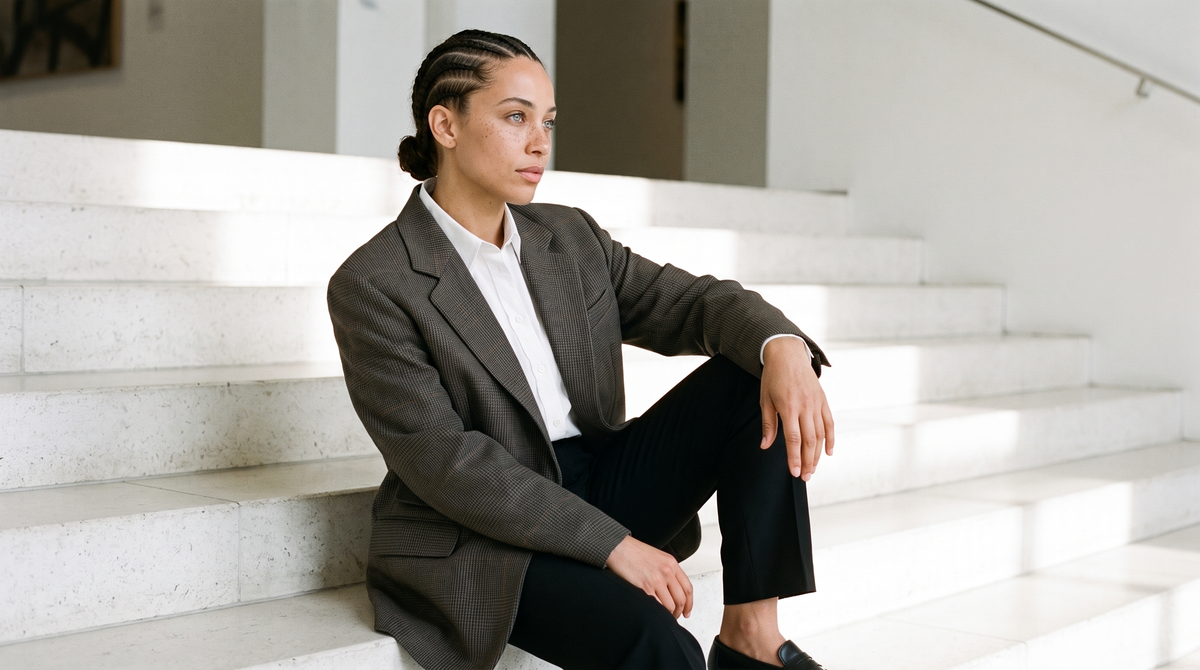 Blazer oversize carreaux marron ambre, photo en situation