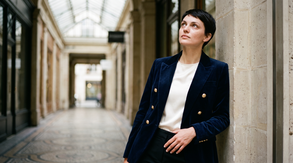 Blazer croisé en velours aveline, photo en situation