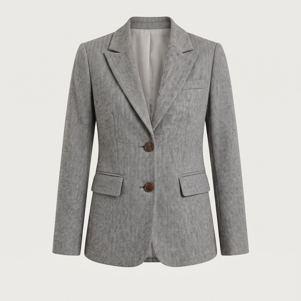 Packshot du blazer femme Amandine gris chiné à chevrons, vêtement seul sur fond clair