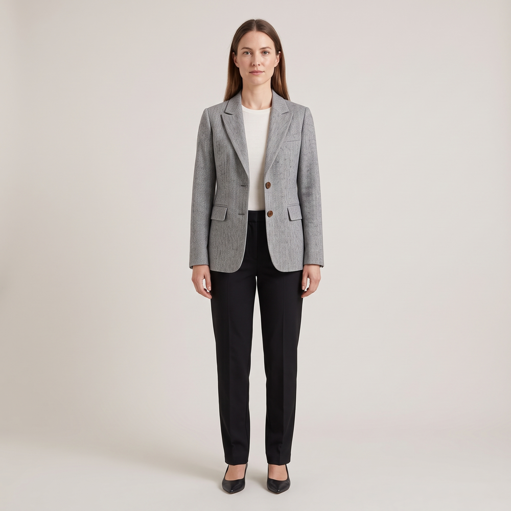 Blazer femme Amandine gris chiné porté ouvert sur un haut ivoire, silhouette complète de face