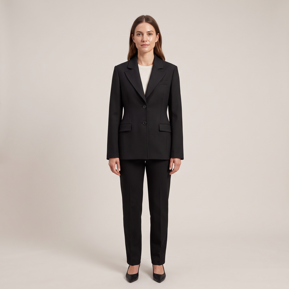 Blazer cintré noir Faustine porté de face en pied avec un pantalon droit noir - Lonamy
