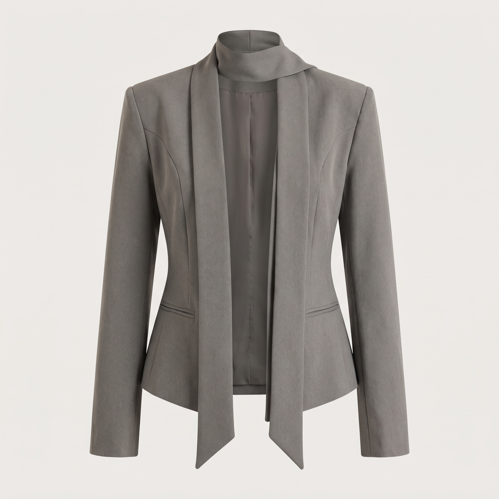 Blazer femme Melisande gris taupe et son écharpe assortie, vus seuls sur fond clair - Lonamy