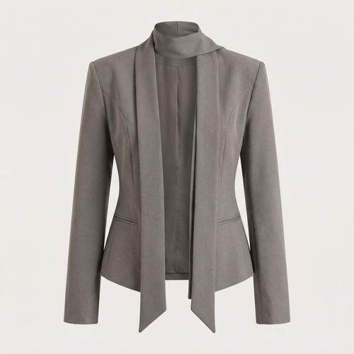 Blazer femme Melisande gris taupe et son écharpe assortie, vus seuls sur fond clair - Lonamy