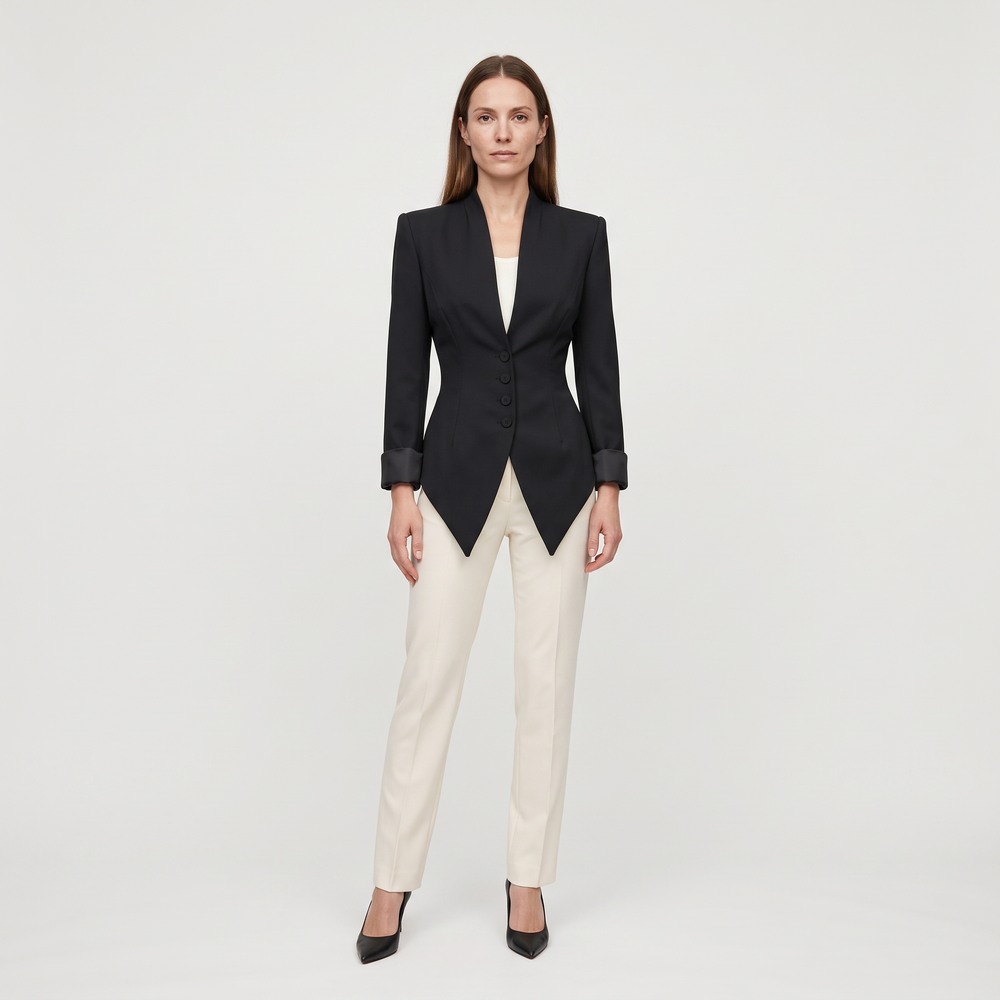 Blazer femme Ombeline noir porté de face avec un pantalon crème - Lonamy