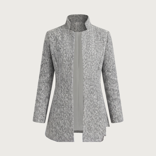 Blazer chevron gris Honorine vu seul sur fond clair, col montant et devant ouvert - Lonamy