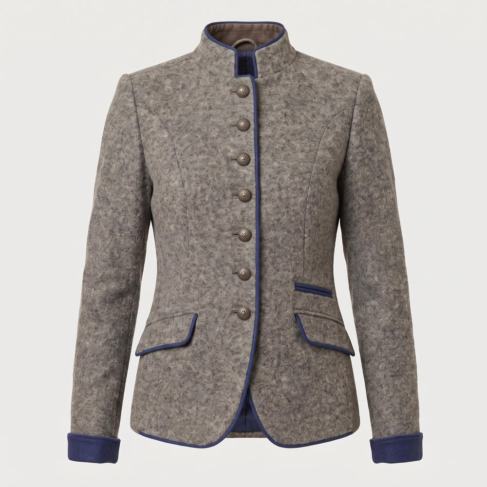 Packshot du blazer col officier femme Eleonore en gris chiné, veste seule vue de face