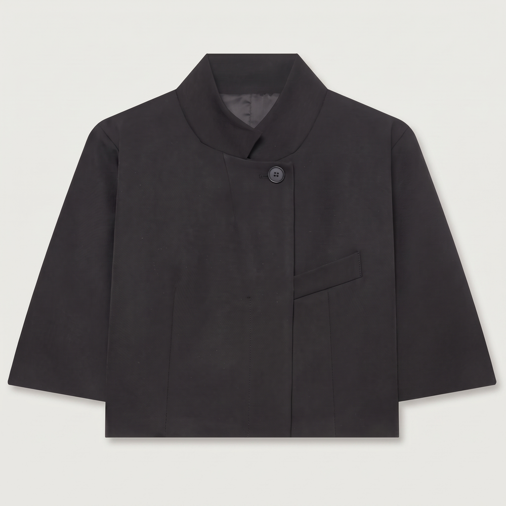 Blazer court col montant Pauline noir, vêtement seul de face sur fond clair - Lonamy
