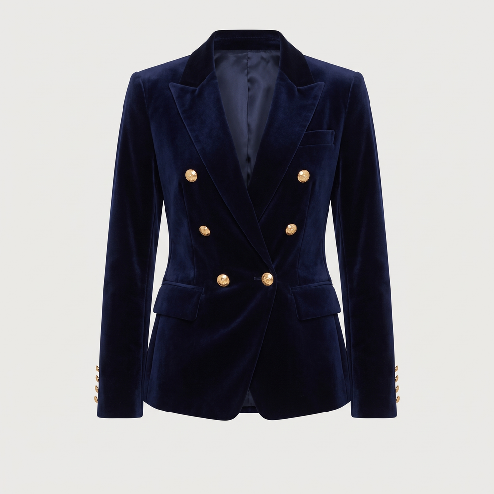 Blazer croisé en velours marine à boutons dorés, coupe cintrée - Lonamy