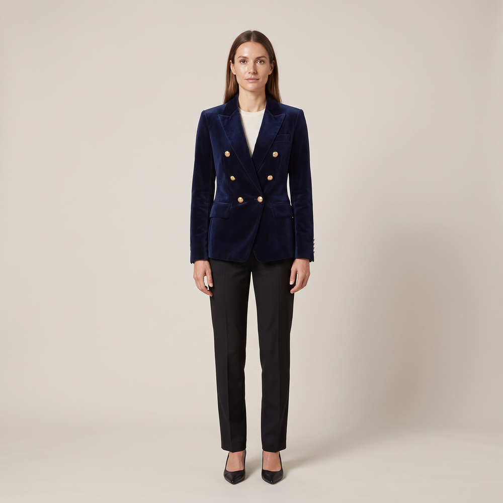 Blazer croisé en velours marine Aveline porté de face en pied - Lonamy
