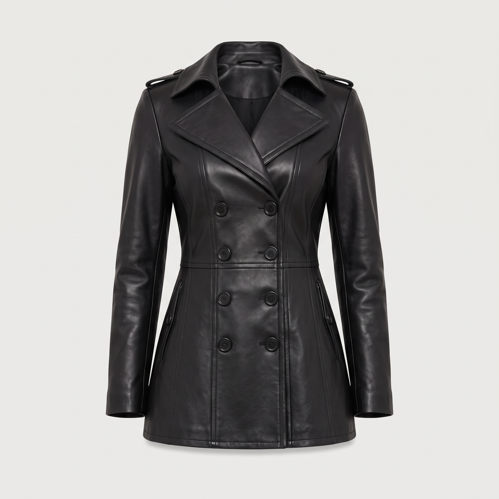 Packshot du blazer croisé Clémence noir aspect cuir, vêtement seul sur fond clair - Lonamy