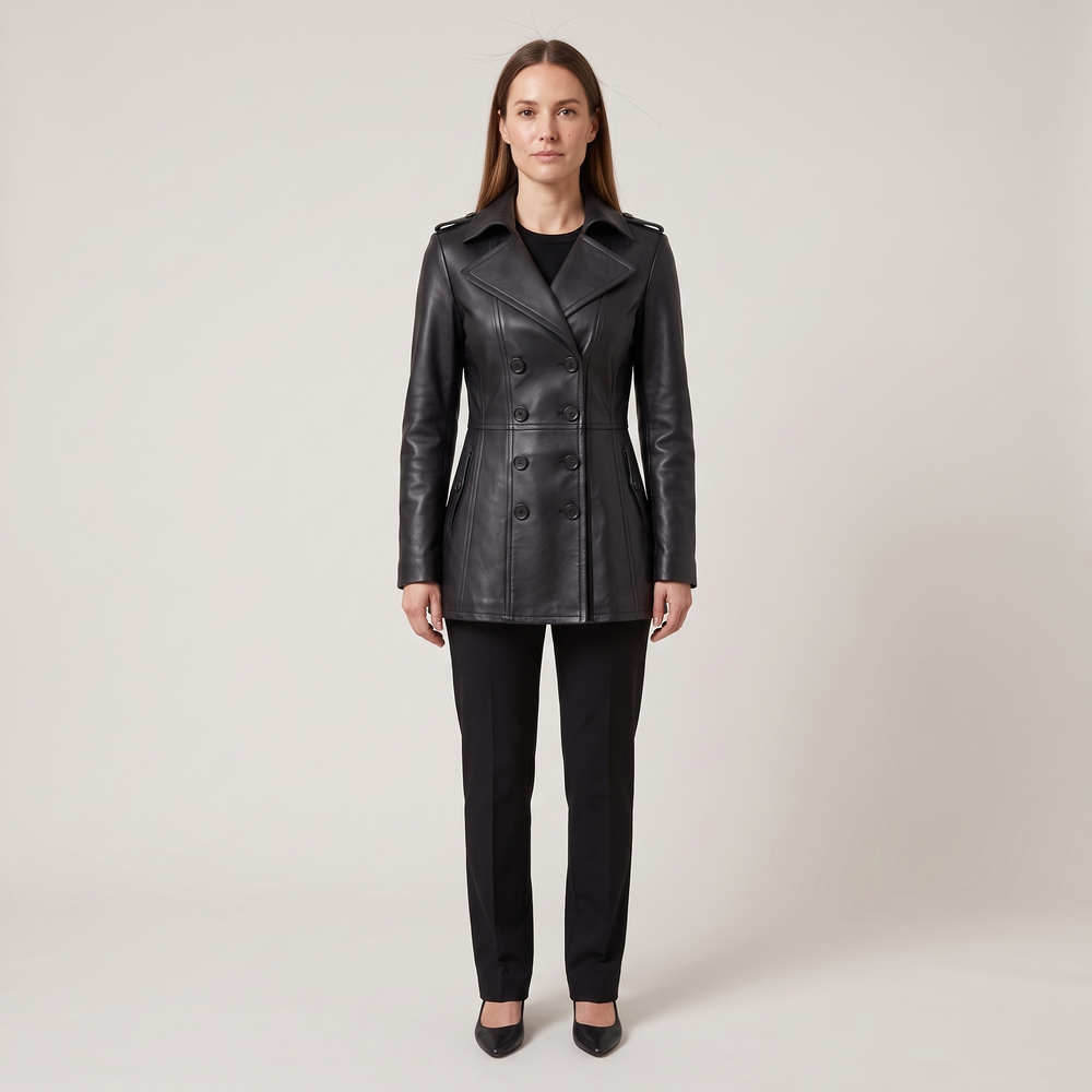 Blazer femme Clémence noir porté de face avec un pantalon droit noir - Lonamy