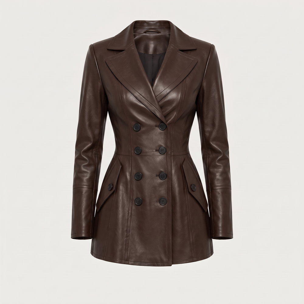 Blazer croisé effet cuir marron Héloïse, vêtement seul de face sur fond clair - Lonamy