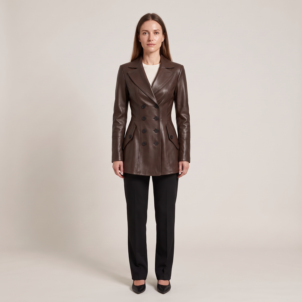 Blazer croisé effet cuir marron Héloïse porté de face avec un pantalon droit noir - Lonamy