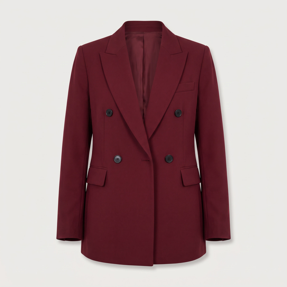 Blazer croisé Roxane en crêpe bordeaux, vêtement seul sur fond clair