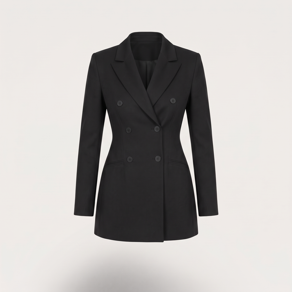 Blazer croisé long noir Alienor, veste seule sur fond clair, double boutonnage de six boutons - Lonamy