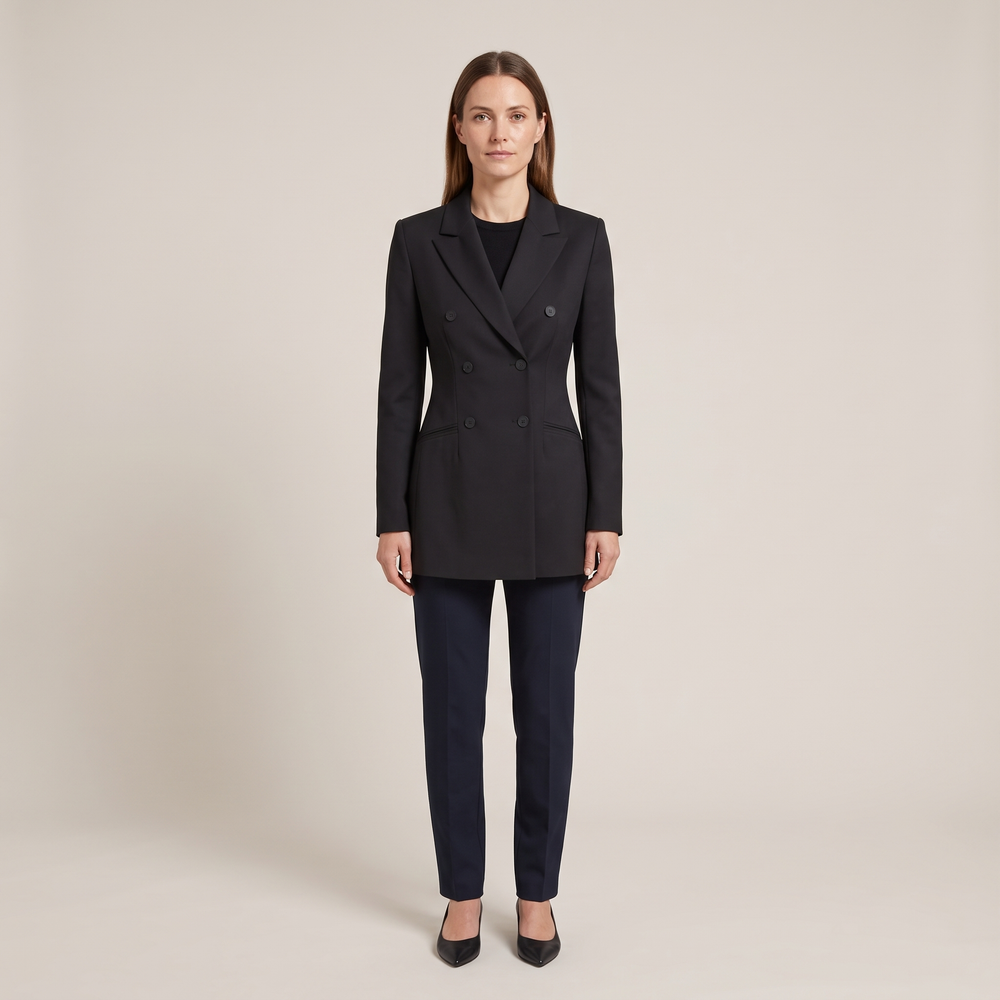 Blazer croisé long noir Alienor porté de face sur un pantalon marine, silhouette complète - Lonamy