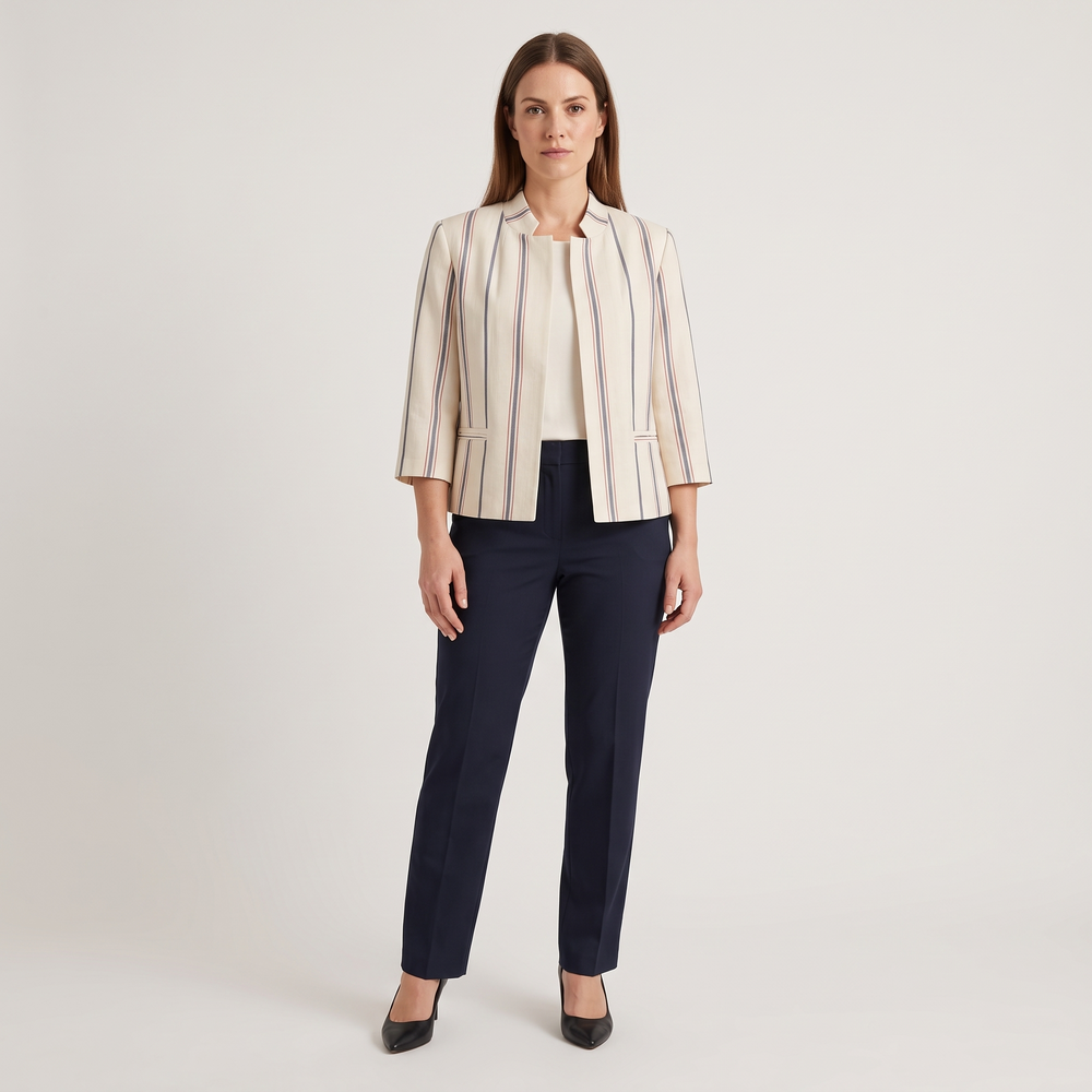 Blazer rayé écru Coline porté ouvert de face avec un pantalon marine, silhouette complète - Lonamy
