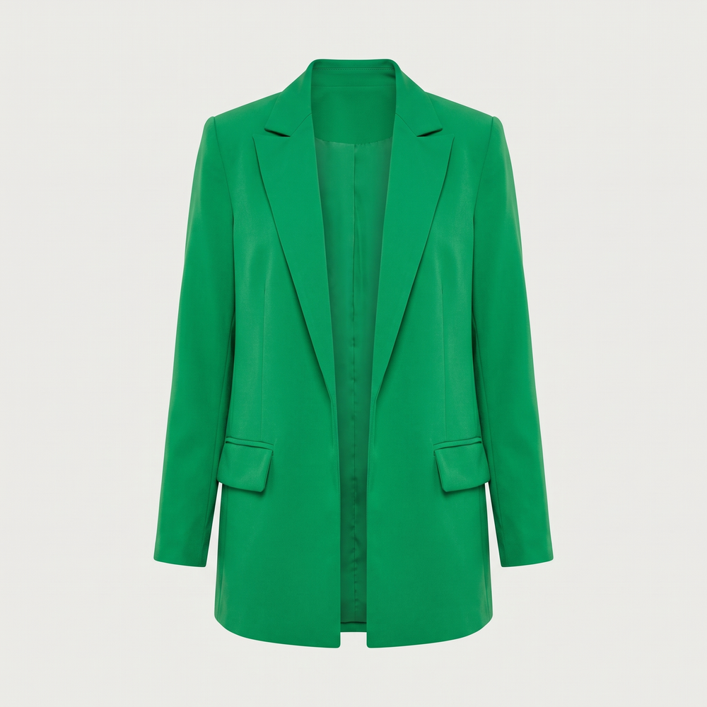 Blazer long Flavie vert émeraude, vêtement seul ouvert vu de face - Lonamy