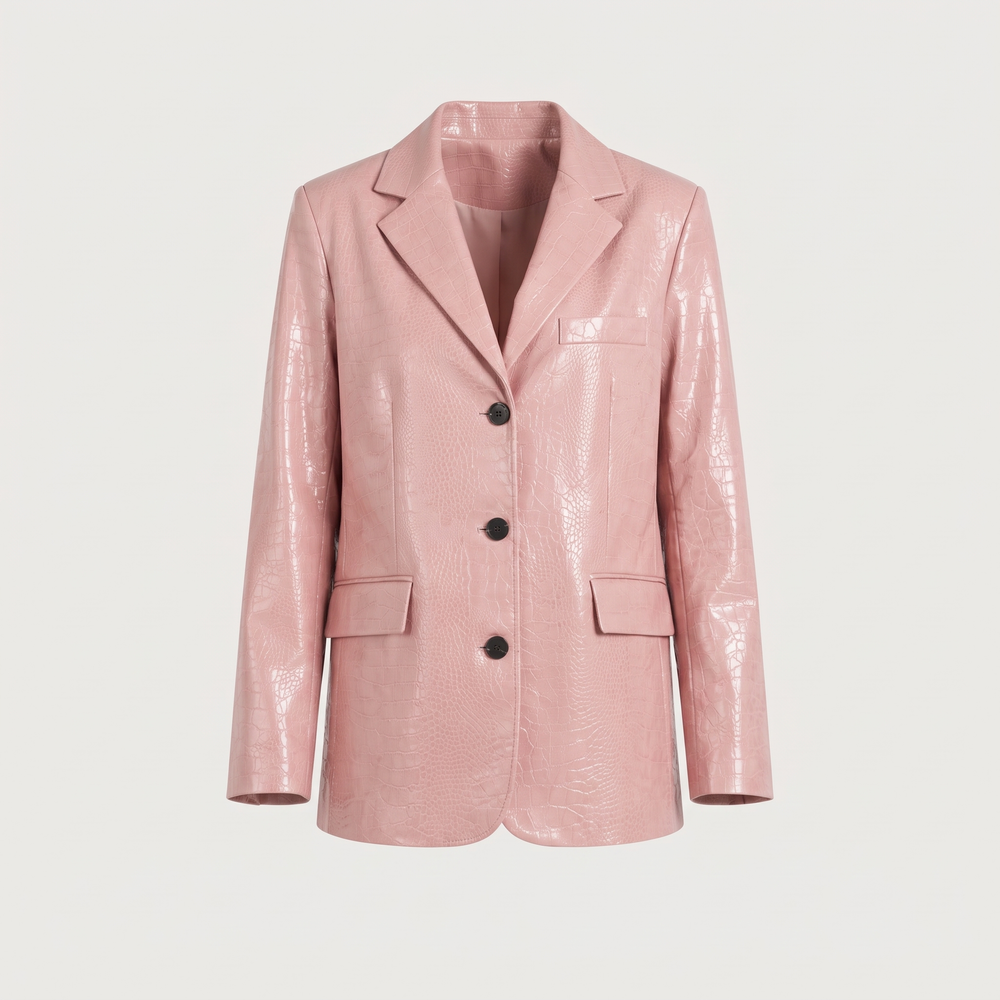 Blazer femme Lucie effet cuir rose poudré à grain croco, vêtement seul vu de face - Lonamy