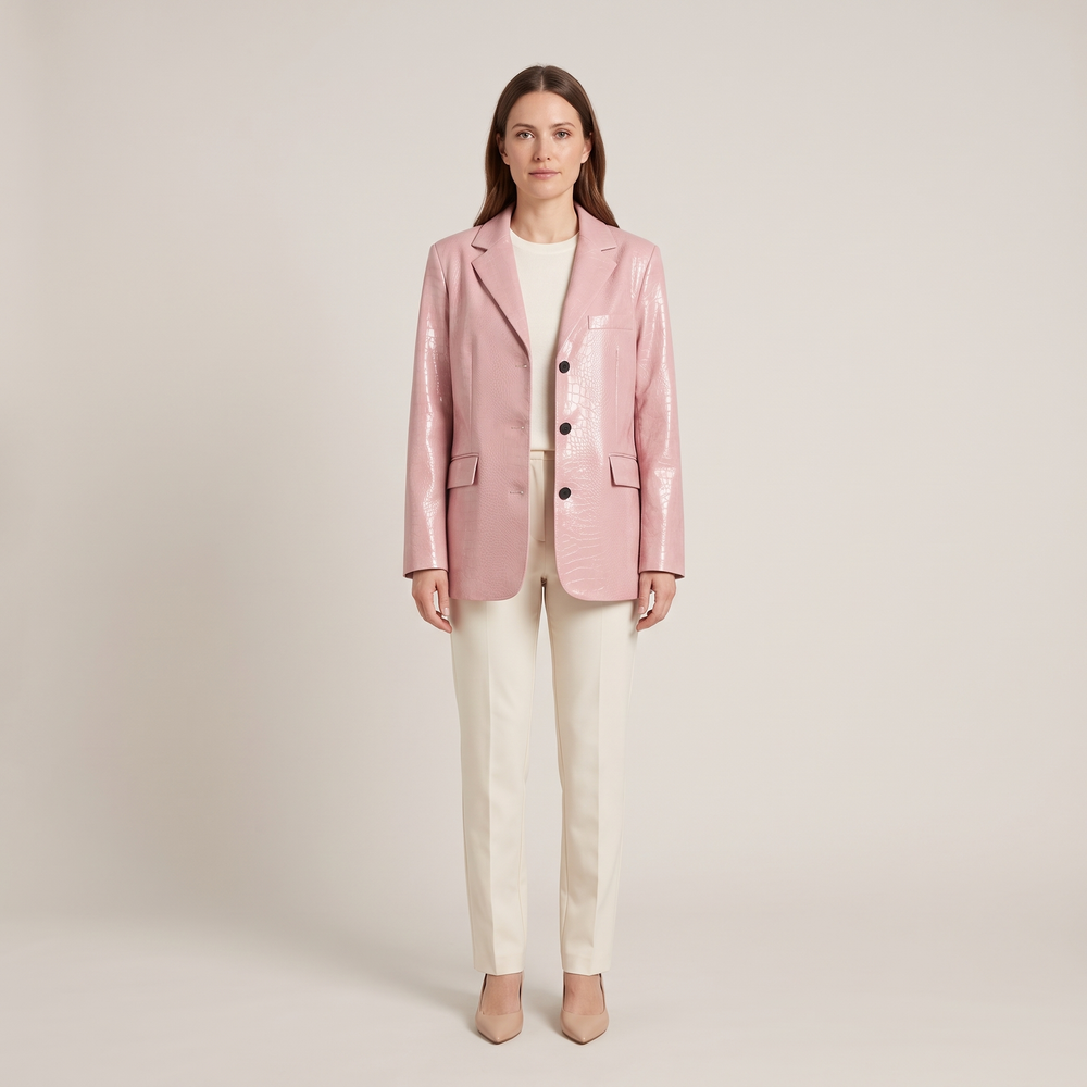 Blazer femme Lucie rose poudré porté de face avec un pantalon droit crème - Lonamy