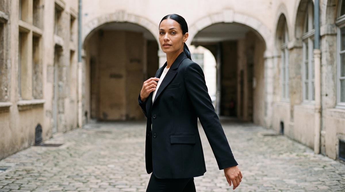 Blazer cintré à épaulettes noir faustine, photo en situation