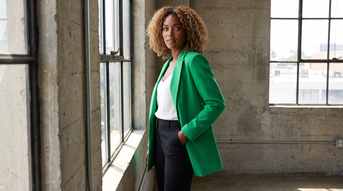 Blazer long vert émeraude flavie, photo en situation