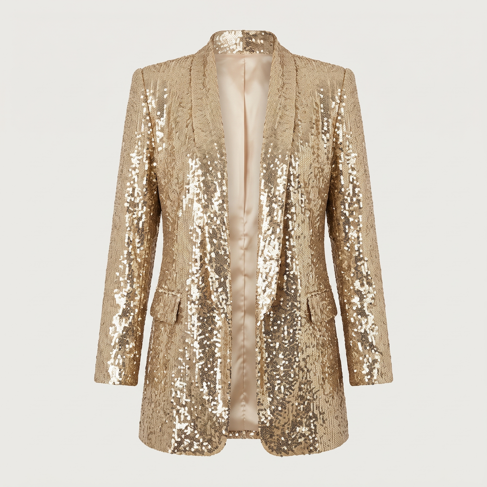 Blazer Eglantine en sequins dorés, packshot du devant ouvert et du col châle - Lonamy