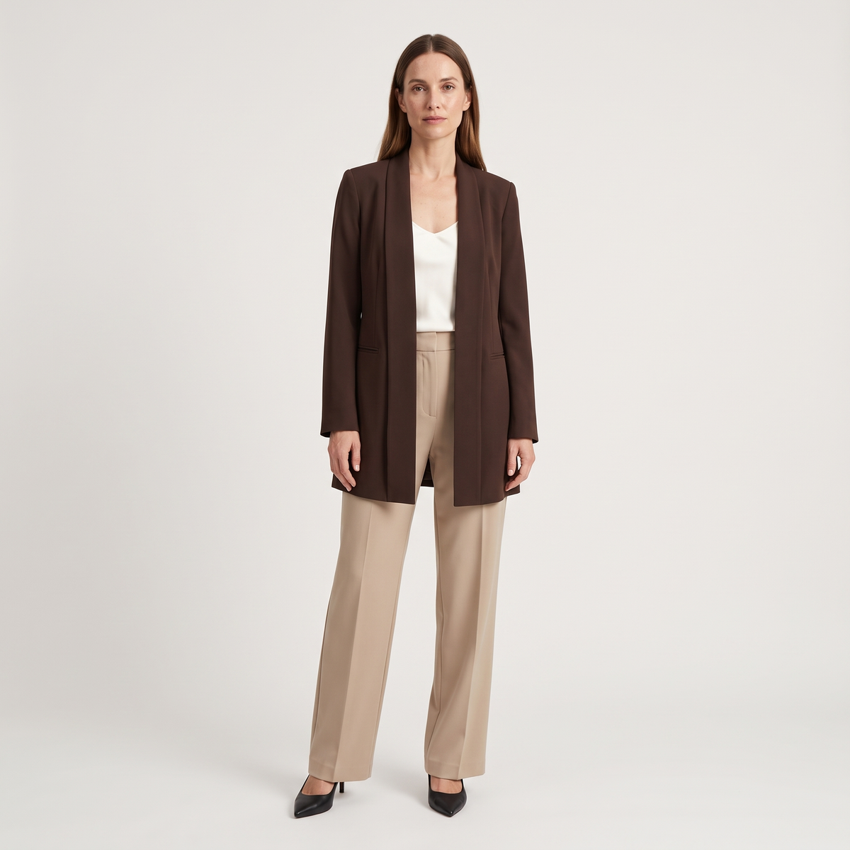 Blazer long col châle marron chocolat madeleine