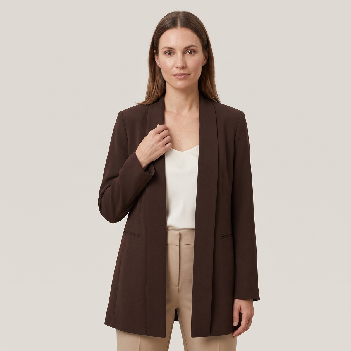 Blazer long col châle marron chocolat madeleine