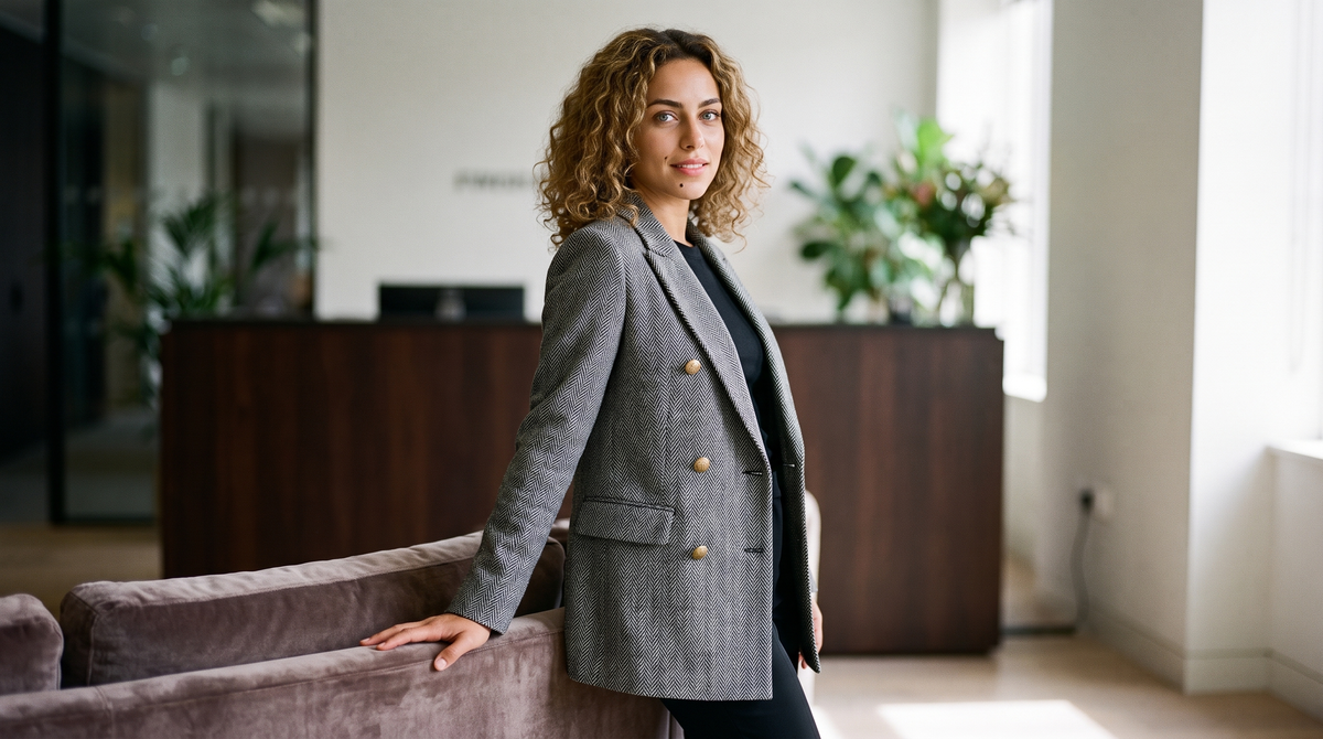 Blazer croisé chevron gris louise, photo en situation