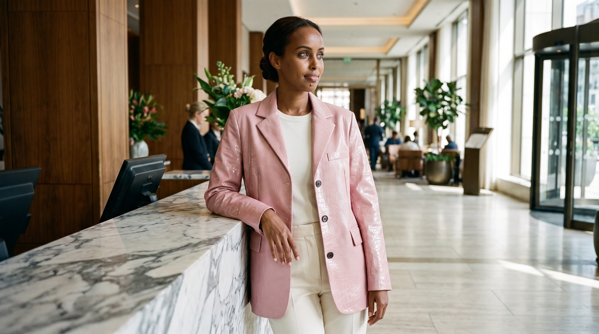 Blazer effet cuir rose croco lucie, photo en situation