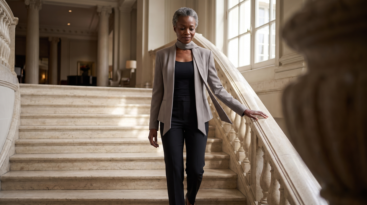 Blazer cintré sans col gris taupe melisande, photo en situation