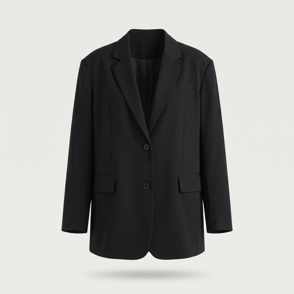 Blazer oversize femme Elodie noir, vêtement seul sur fond clair - Lonamy