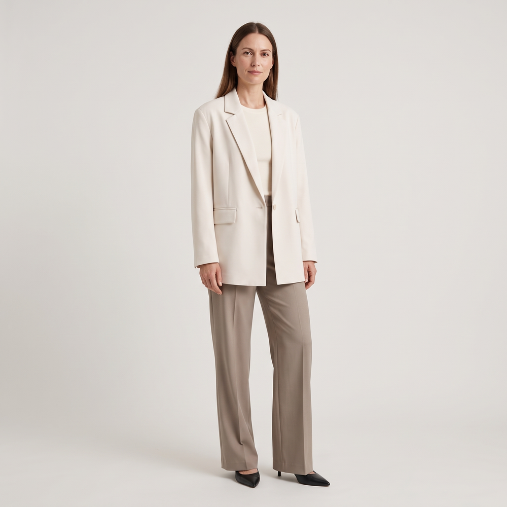 Blazer oversize blanc cassé Roseline porté en pied avec un pantalon large taupe - Lonamy