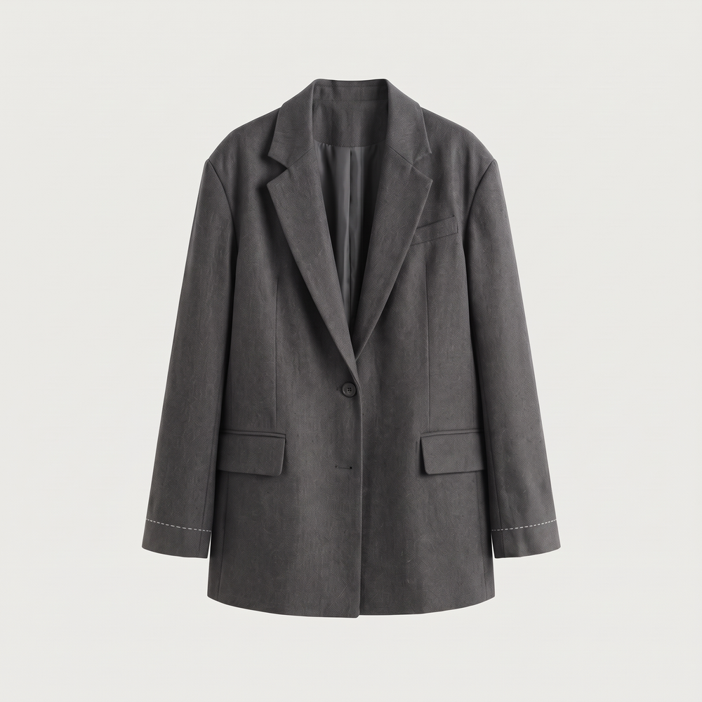 Blazer oversize long gris anthracite Delphine, veste seule sur fond clair - Lonamy