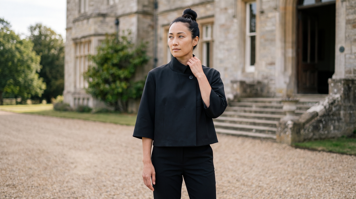 Blazer court col montant asymétrique pauline, photo en situation