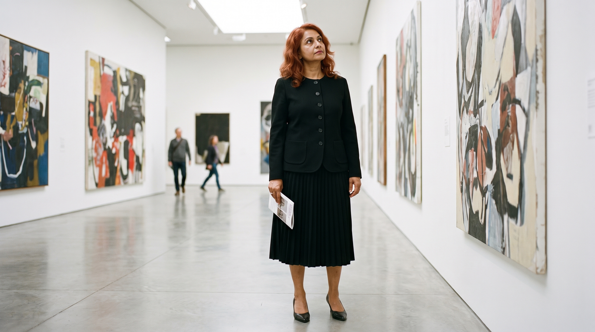 Ensemble tailleur femme Brune noir porté en situation dans une galerie d’art - Lonamy