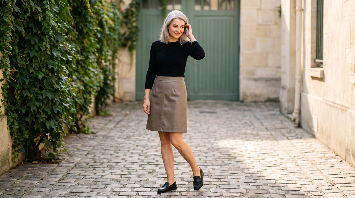Jupe tailleur Daphné taupe portée dans une cour pavée parisienne - Lonamy