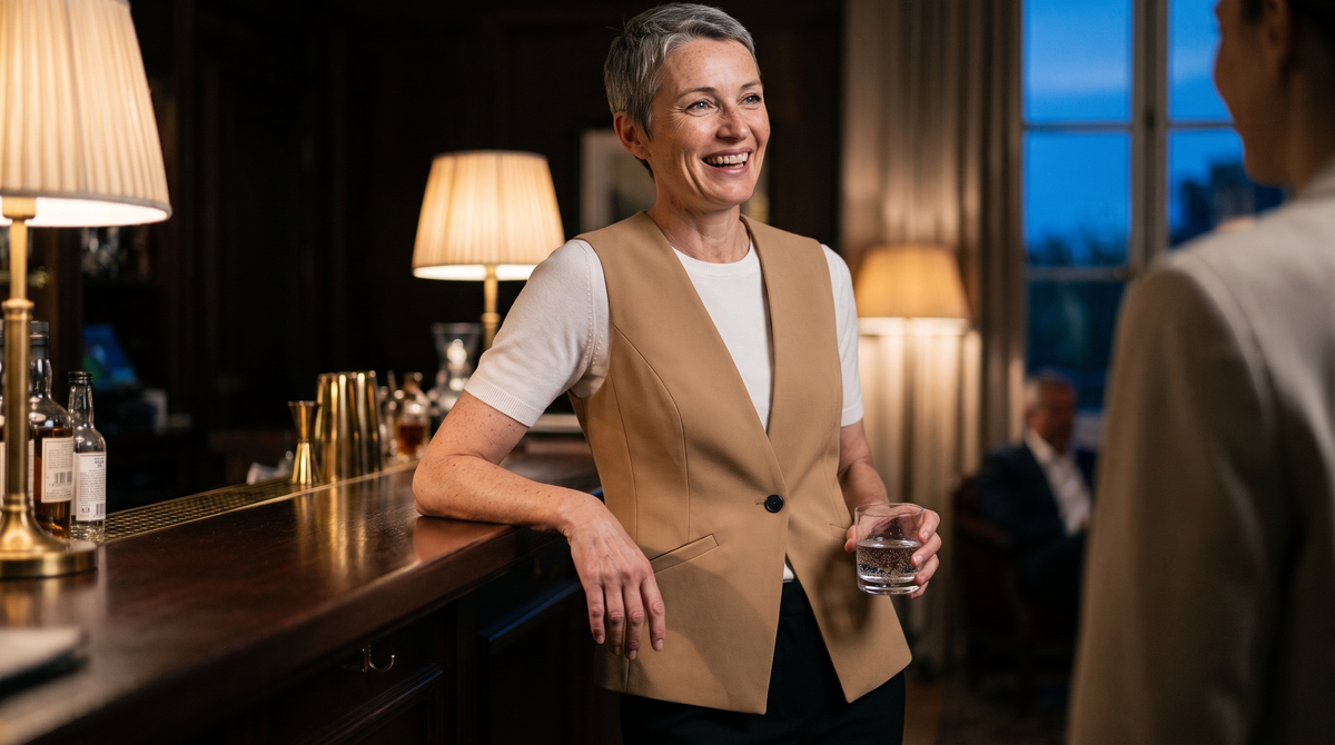 Gilet tailleur Élodine camel porté en situation, vue ordinateur - Lonamy