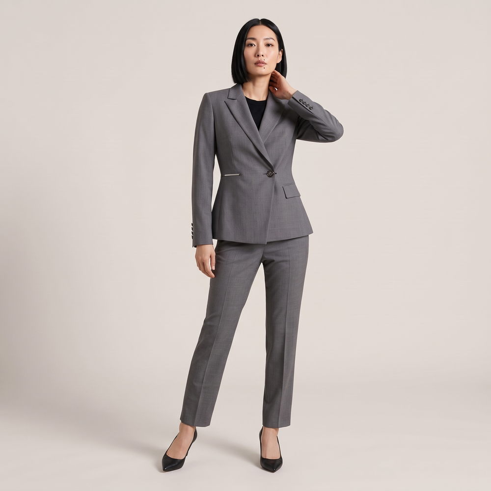 Ensemble tailleur pantalon droit femme Aglaé gris porté de face, silhouette complète - Lonamy
