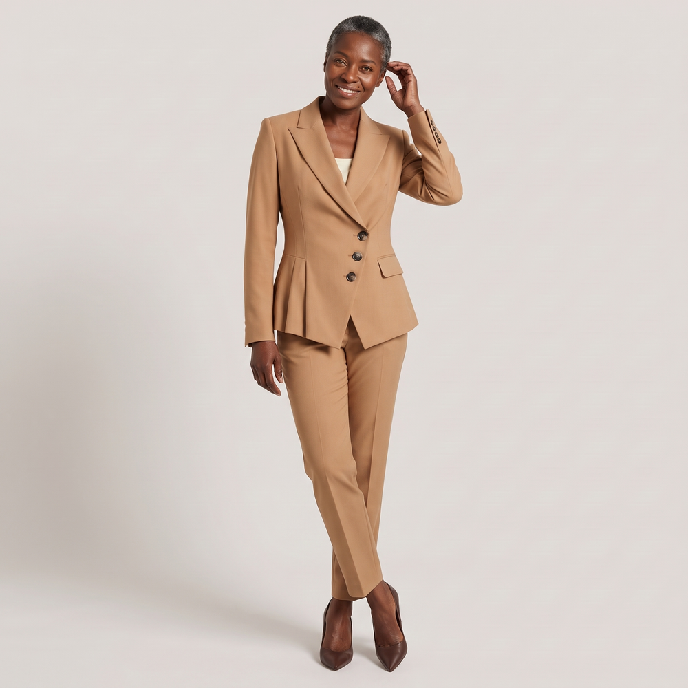 Ensemble tailleur pantalon femme Ariane camel porté de face, silhouette complète - Lonamy