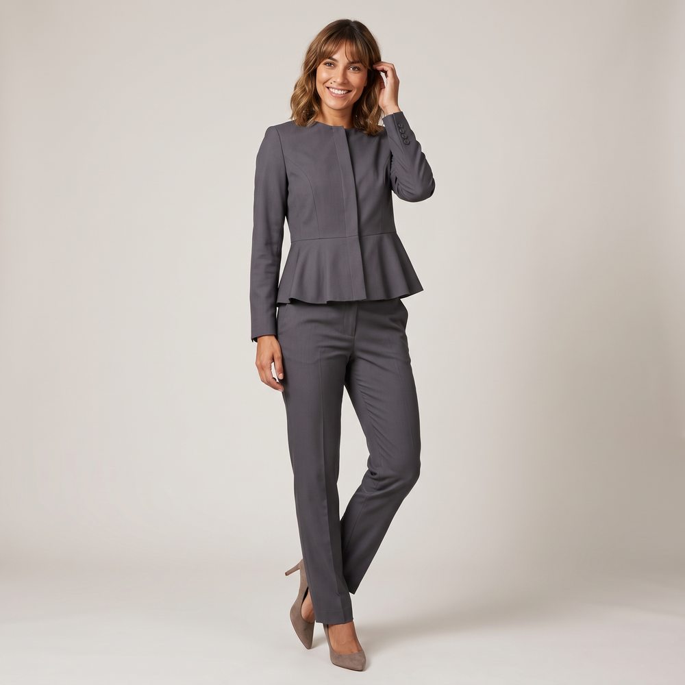 Ensemble tailleur pantalon femme Aurélia gris porté de face, silhouette complète - Lonamy