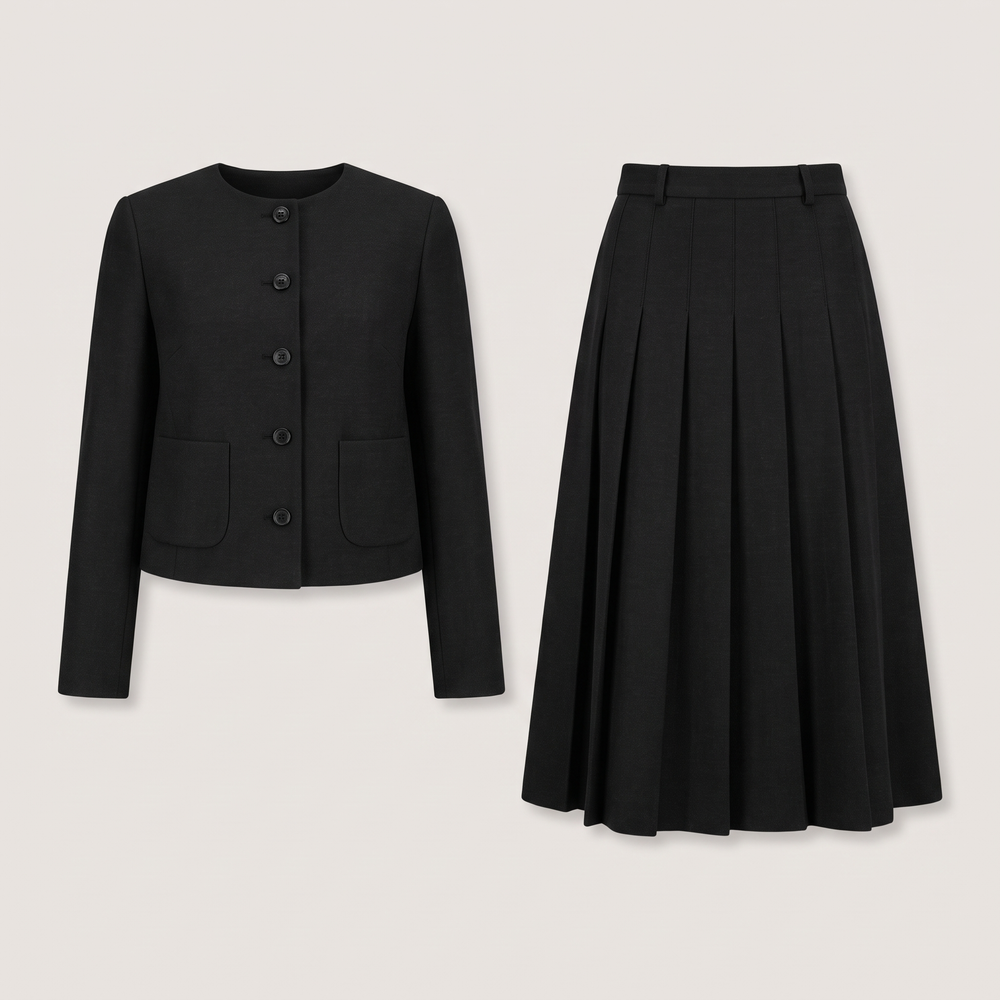 Ensemble tailleur femme Brune noir, veste sans col et jupe plissée, vue de face - Lonamy
